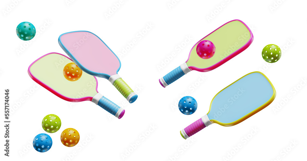 Wall mural Pickleball rackets with plastic balls. Hobby sport transparent background 3D rendering