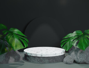 Black Minimal Product Display 3D Marble Podium with Nature Minimal Background - 557174036