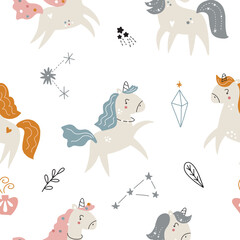 Seamless repeating pattern with cute unicorns on a white background. Vector illustration for fashion fabrics, textile graphics, prints, etc.