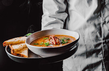 chef holding a vegetable soup with meat in hand