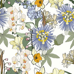 Cotton fabric Fashionable seamless tropical pattern with tropical passiflora strelitzia, orchids flowers. Line stylish floral on black background.