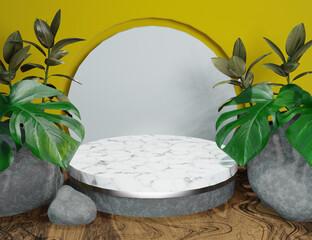 Yellow Product Display 3D Marble Podium with Nature Minimal Background - 557175061