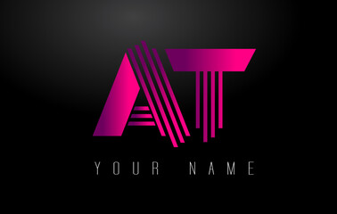 AT Magenta Lines Letter Logo. Creative Line Letters Vector Template.