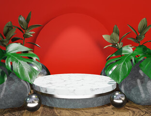 Red Product Display 3D Marble Podium with Nature Minimal Background - 557175298