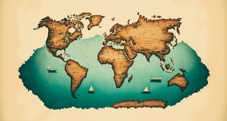 Elegant world map to illustrate the navy and the art of traveling around the world on sailboats or a yacht. The map gives way to the dream of yachting