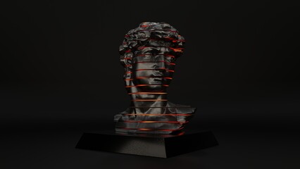 3d rendering. The head of David, a metal statue cut into flat elements. The radiance is visible in the sections. Abstract 3d art.
