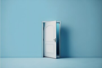 Opened Wooden Door On Blue Pastel Wall Copy Scape Ready Background Generative AI