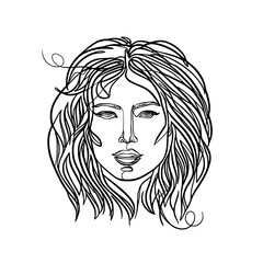 Portrait of a girl with a lush hairstyle, continuous line vector