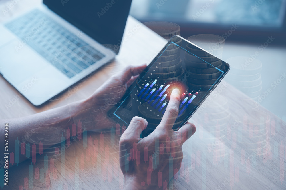 Aufkleber analyst working with business analytics and data management system on computer, make a report with k