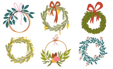 Christmas wreaths set. Decor for New Year Christmas and holiday. Wreath with holly berries, mistletoe, pine and fir branches, cones, rowan berries. Hand drawn illustration isolated