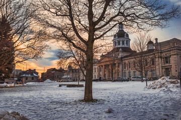 Ice and snow landscapes and cityscapes of Kingston Ontario CANADA, featuring ice structures, scenic old heritage buildings and winter conditions after the Ontario Storm of 2022 - 557177628