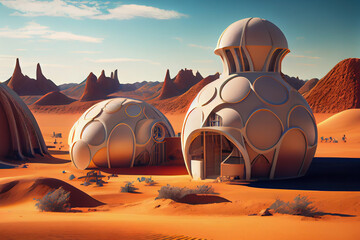 Colony on Mars planet, ai illustration. Life on Mars