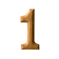 Wooden digit font of number one with textured wooden