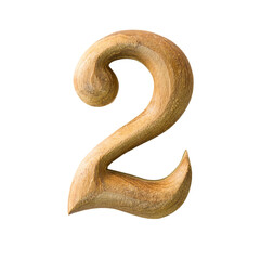 Wooden digit font of number two with textured wooden