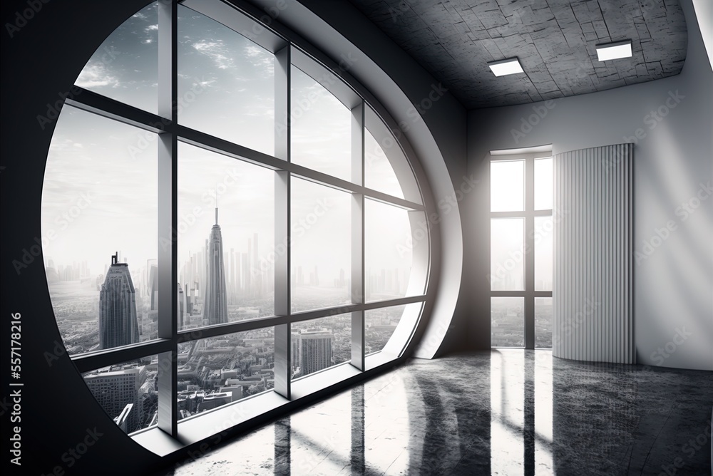 Poster room with huge windows and a cityscape in a futuristic interior style. contexts of varying media.. g
