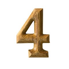 Wooden digit font of number four with textured wooden