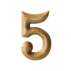 Wooden digit font of number five with textured wooden