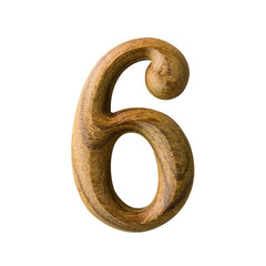 Wooden digit font of number six with textured wooden