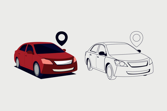 Different types of car icon sets. side view of a sedan car. location icon bar.