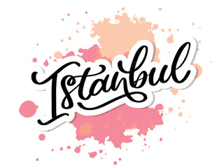 Istanbul. Hand lettering. Vector logo of Istanbul in black color with seagulls on white background. souvenir products, banner emblem, travel blog social media, brochure, flyer. Digital illustration.