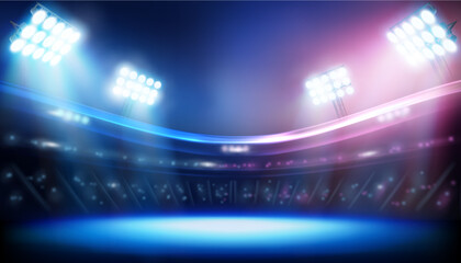 Bright spotlights in a sports stadium. Show on stage. Light performance. Blue background. Sports game. Abstract vector illustration. - 557178674