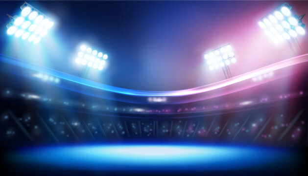 Bright spotlights in a sports stadium. Show on stage. Light performance. Blue background. Sports game. Abstract vector illustration.