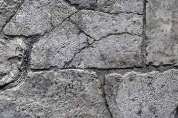 Old aged damaged marble bumpy uneven blocks. Trip pitted grunge granite tile cobble. Cragged grimy retro cranny frayed run track. Crannied dirtied shabby smashed gaping rustic big holes for 3d design
