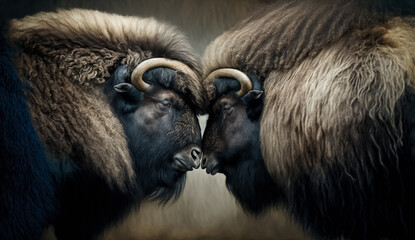 Close up of Musk Oxen fighting. alaska wildlife, digital art - obrazy, fototapety, plakaty