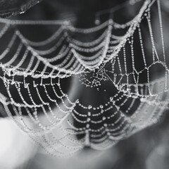 Spider web with water drops close up. Nature concept background. Selective focus. Black and white