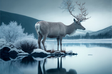 Fototapeta na wymiar Deer in beautiful fairytale winter landscape