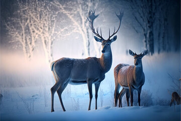 Deer in beautiful fairytale winter landscape