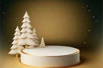 Golden, round podium or stage for product display for Christmas or winter season