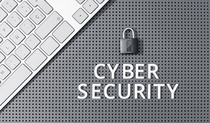 Cyber security concept. Message on pin board, computer keyboard and closed padlock