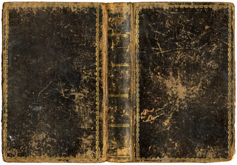 Antique open book with worn textured grungy leather cover and embossed abstract golden decorations,...