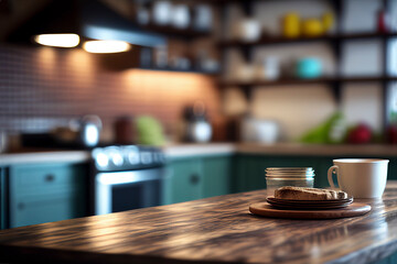 Obraz na płótnie Canvas Kitchen table background. Empty wooden desk or board with blur home kitchen room interior for display food product. Generative Ai image illustration