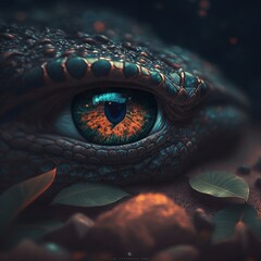 A macro shot of a dragon eye with sleek black scales.