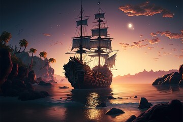 A pirate ship full of thieves at sea. - obrazy, fototapety, plakaty