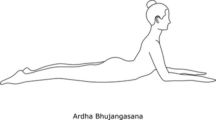 Girl doing yoga. Asana Ardha. Line art in sketch style isolated on white background. Vector illustration
