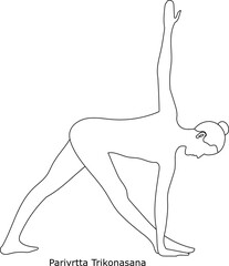 Girl doing yoga. Asana Parivrtta. Line art in sketch style isolated on white background. Vector illustration
