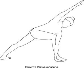 Girl doing yoga. Asana Parivrtta Parsvakonasana. Line art in sketch style isolated on white background. Vector illustration
