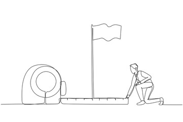 Drawing of businessman using measuring tape to analyze distance from target flag. Single continuous line art style