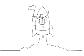 Cartoon of businessman with flag on a rocket ship launching. One line art style