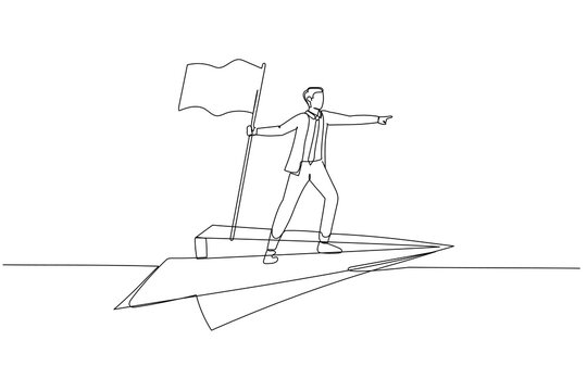 Drawing of businessman flying with paper plane concept of discovery. Continuous line art style