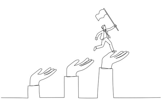 Drawing of businessman jumping up giant hand growth ladder concept of progress. Continuous line art style