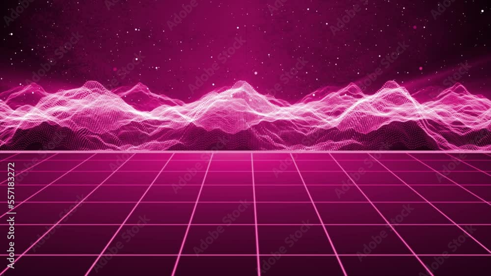 Poster mountains and grid retro animation background, loop animation of retro low poly digital land, retro 