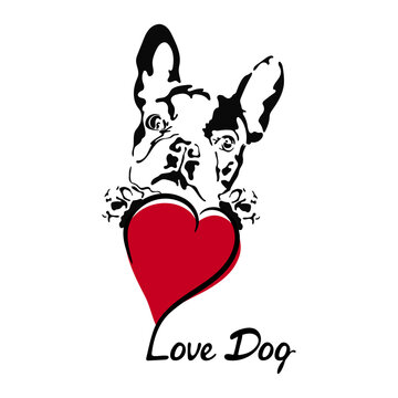 Vector illustration of hand drawn silhouette of french bulldog. Template of a black dog with the inscription love dog and heart. Isolated on white background.