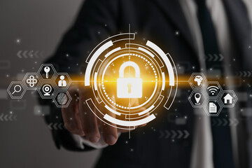 Businessman Hand and Finger Touching Screen and UI HUD Lock Security Sign