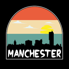 Fototapeta na wymiar Manchester England Skyline Silhouette Retro Vintage Sunset Manchester Lover Travel Souvenir Sticker Vector Illustration SVG EPS