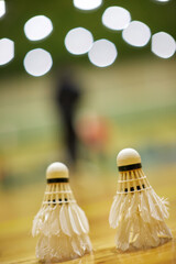 体育館の床の上にあるバドミントンのシャトルのアップ写真