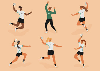 Female handball players isolated characters vector set. Girls players figures with hand ball on a field. Woman handball athletes in different positions. Forward, goalkeeper - obrazy, fototapety, plakaty